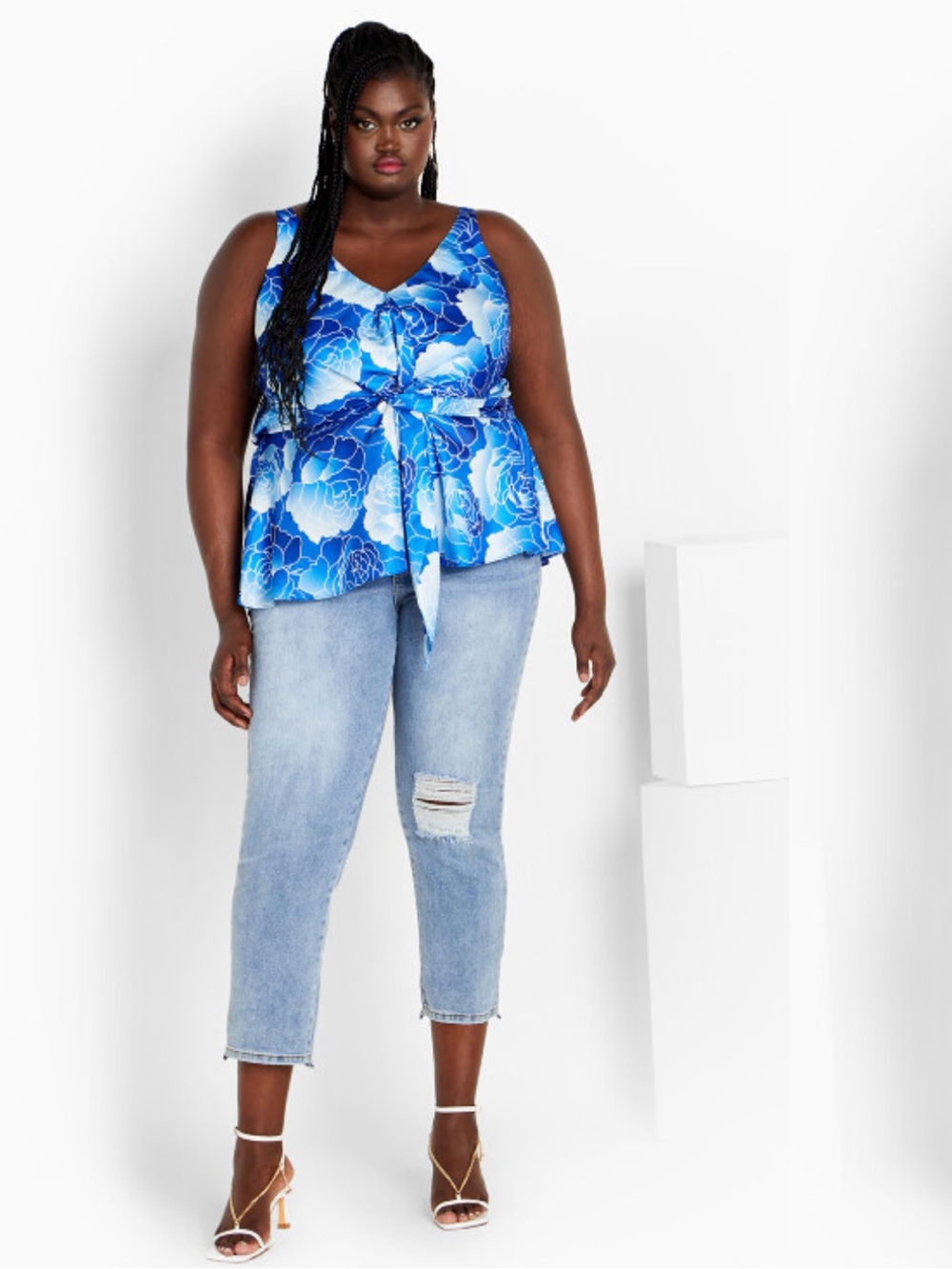 🎉City Chic Blue Printed Satin Draped Cami Blouse Top Sz 22